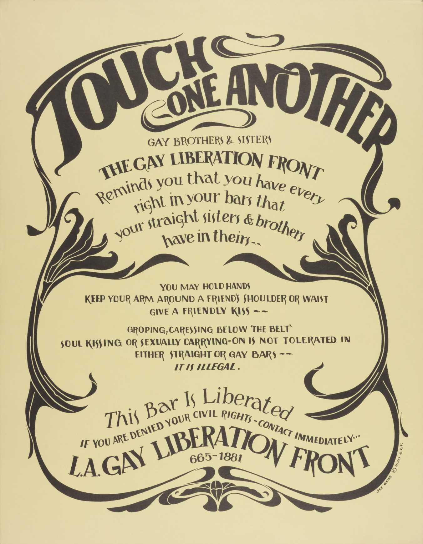 Touch One Another, 1970. Produced by the Los Angeles Gay Liberation Front. Design by Jef Ross. Offset lithograph, 22 1/2 × 17 1/2 in. ONE Poster Collection. ONE National Gay & Lesbian Archives at the USC Libraries
