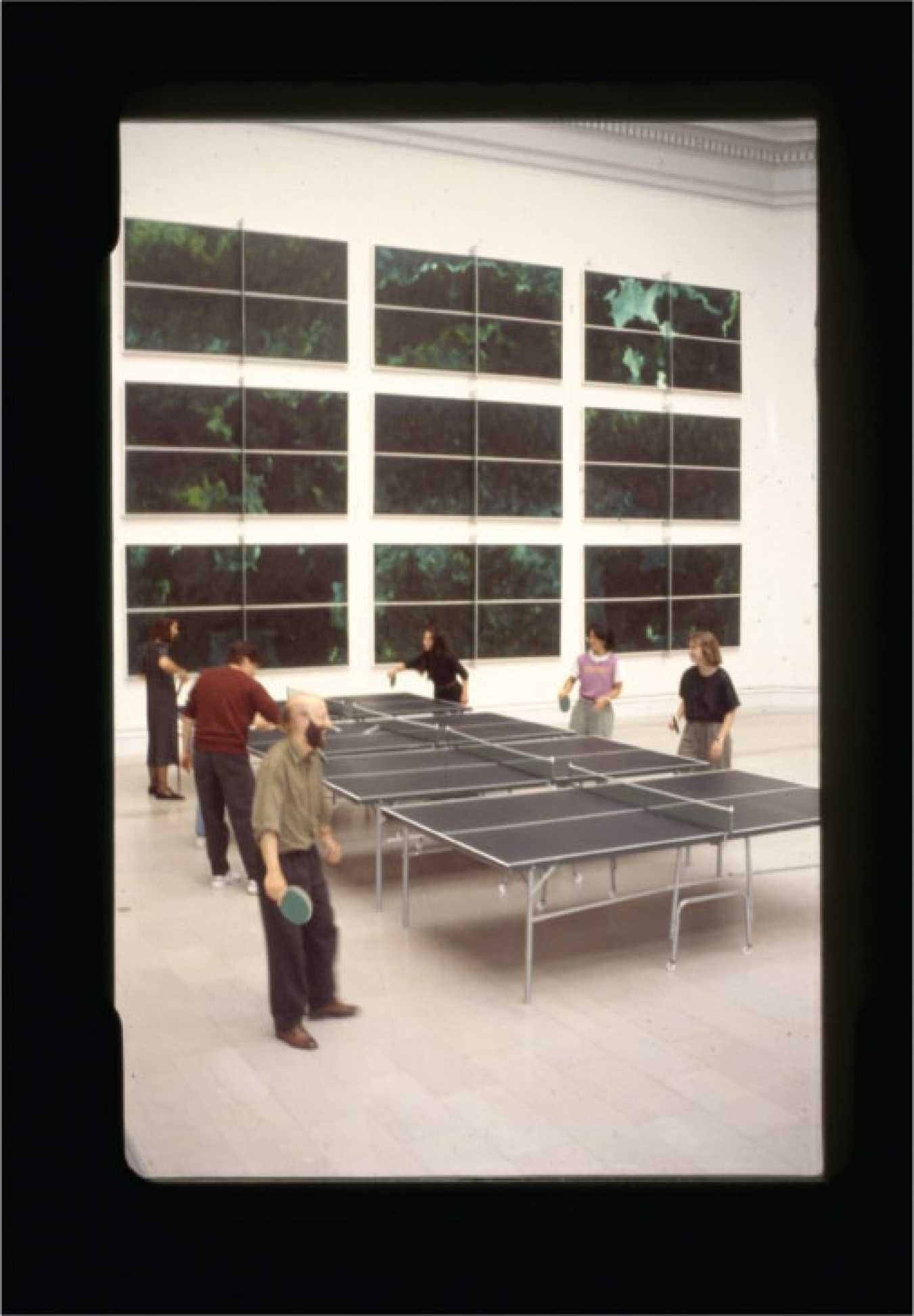 Installation view of Barbara Stauffacher Solomon’s Ping Pong paintings in Visionary San Francisco